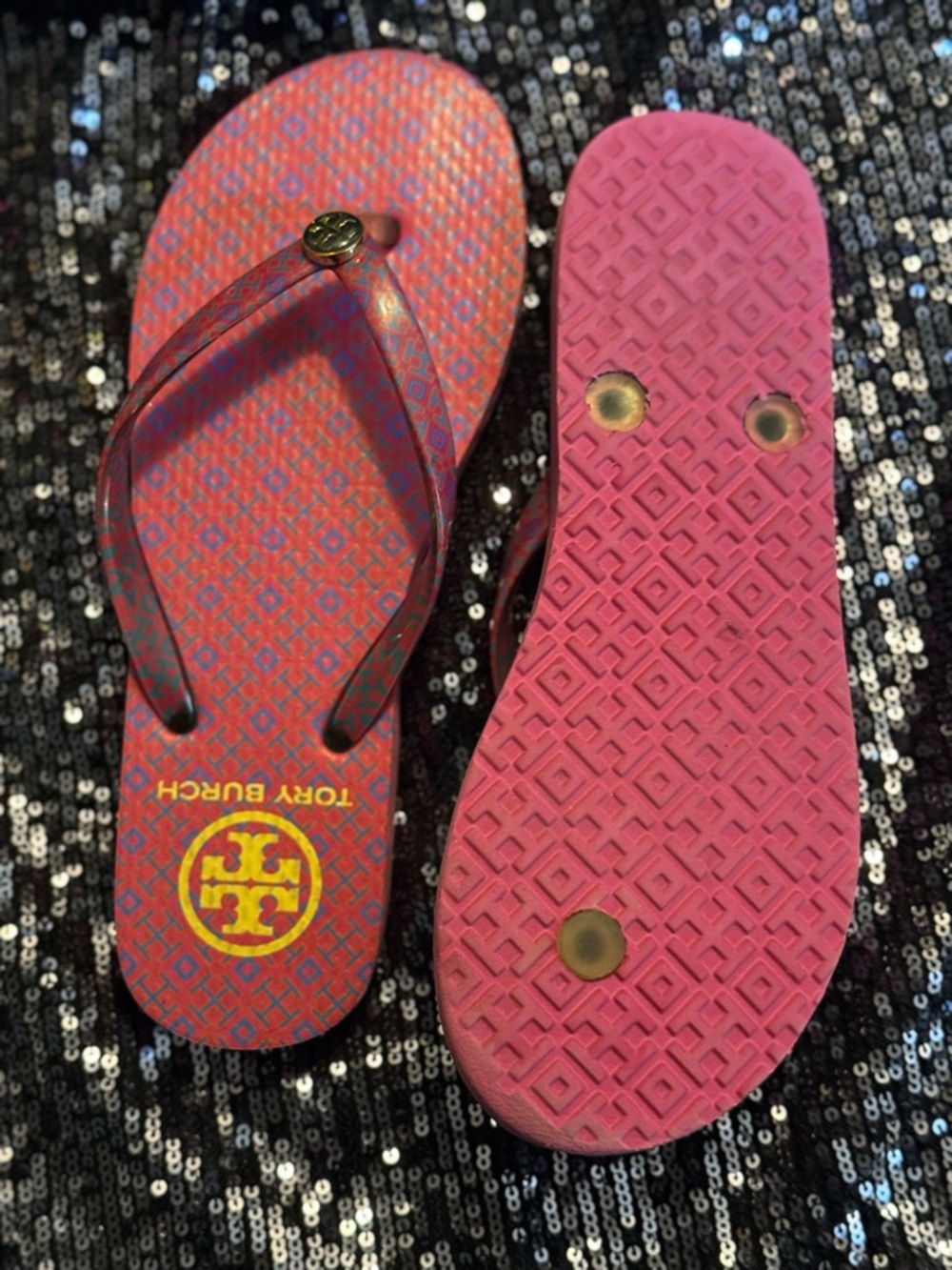 Tory Burch Pink and Blue Patterned Logo Flip Flops - Picture 9 of 14